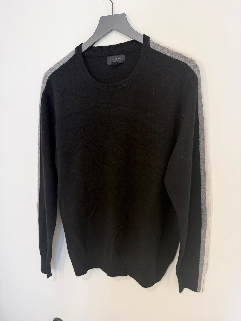 Magaschoni 100% Cashmere Black Crewneck Sweater with Gray Shoulder Stripes